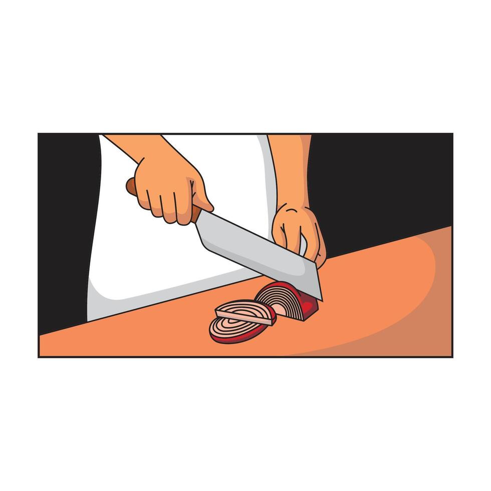 slice the onion with a knife vector