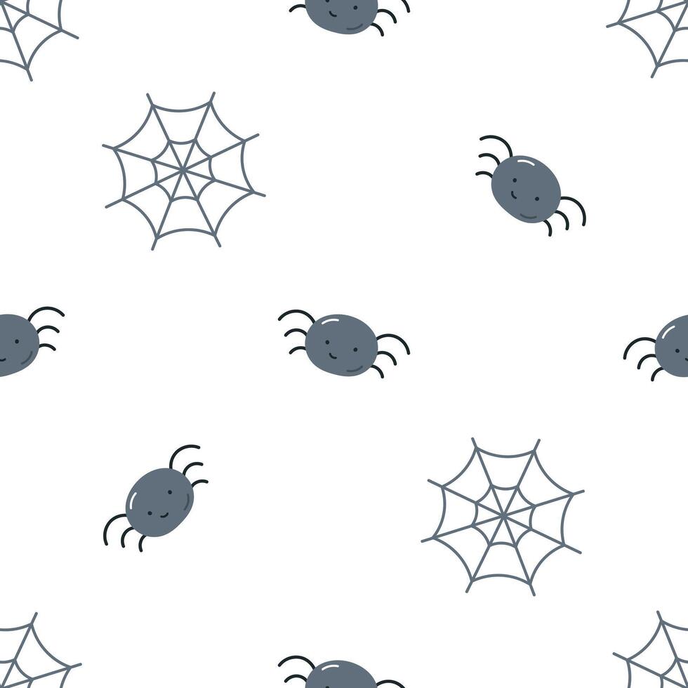Seamless pattern with cute spider and web. For fabric, wrapping, cards, textile, wallpaper, apparel. Isolated cartoon illustration in flat style on white background. Halloween background. vector