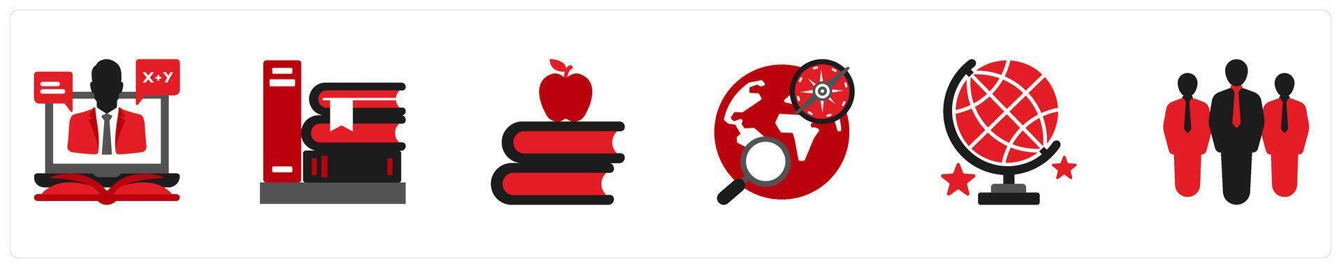 Six Education icons in red and black as lesson, books, home work vector
