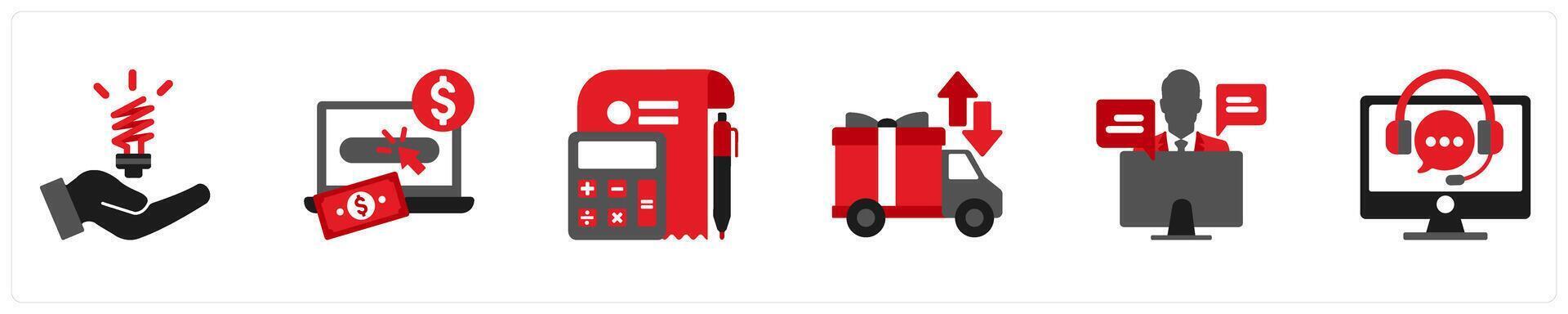 Six Shopping icons in red and black as statistics, pay per click, accounting vector