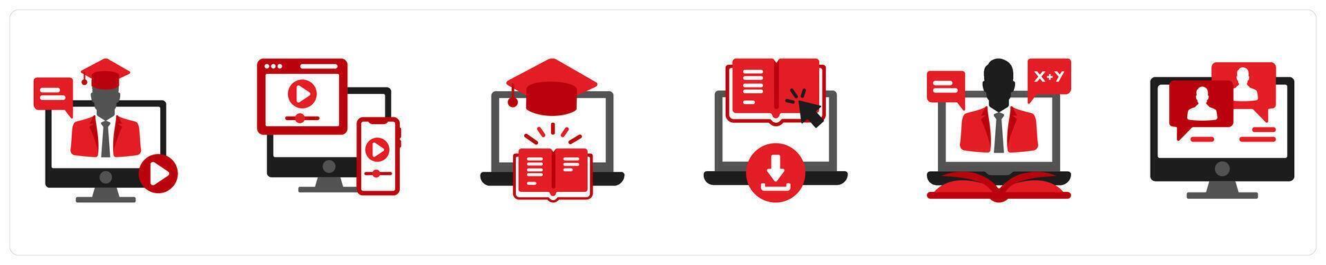 Six Education icons in red and black as online education, online tutorials, e learning vector