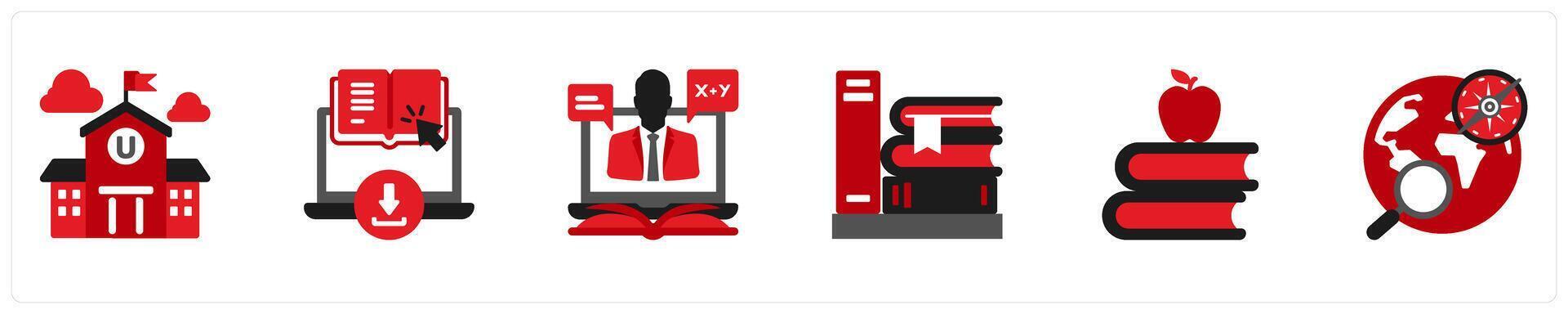Six Education icons in red and black as university, e books, lesson vector