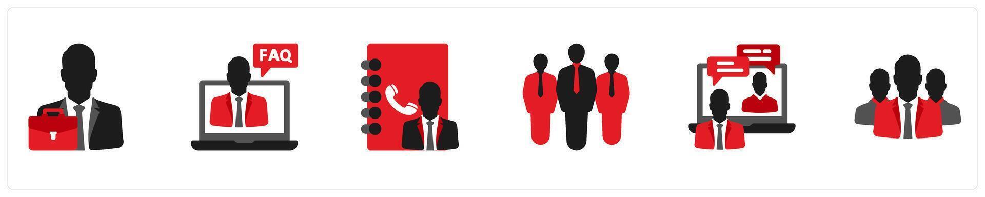 Six Business icons in red and black as businessman, faq, contact vector