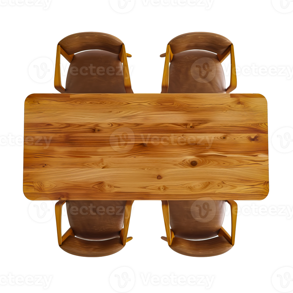 Top view of a wooden table with four wooden chairs in a modern minimalistic dining room setup, cut out transparent png