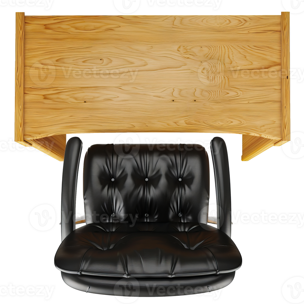 Top view of elegant black leather office chair with wooden desk - modern workspace furniture design cut out on transparent background png