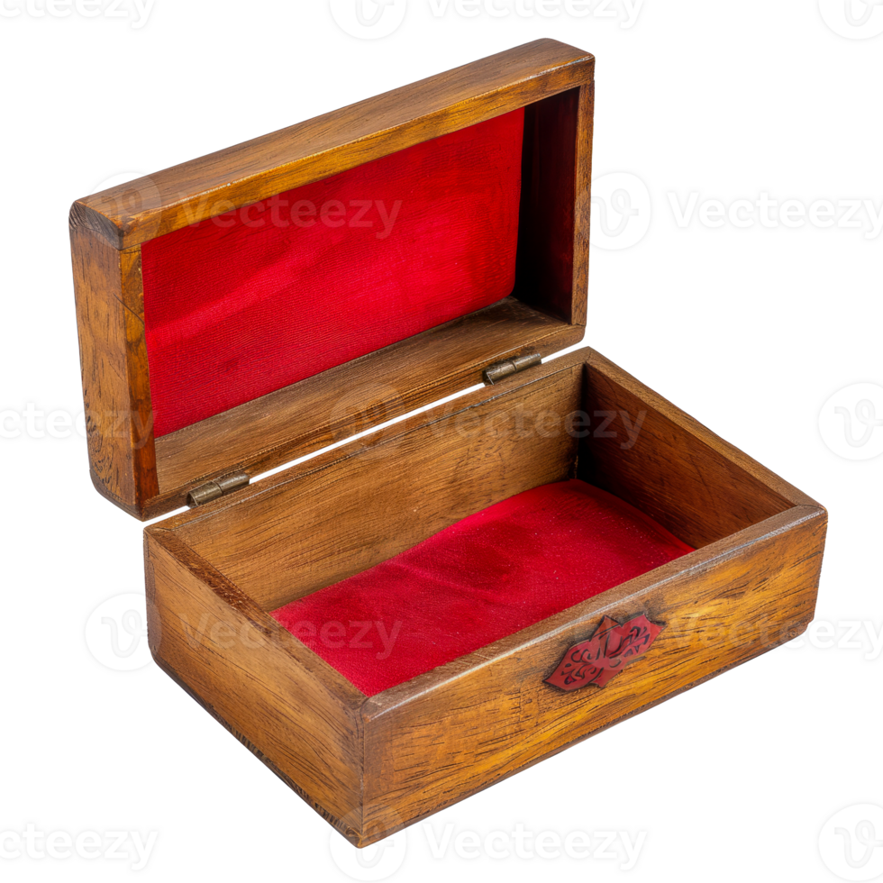 Open Wooden Box with Red Velvet Interior - Antique Storage Container with Hinged Lid and Decorative Detailing, cut out transparent png
