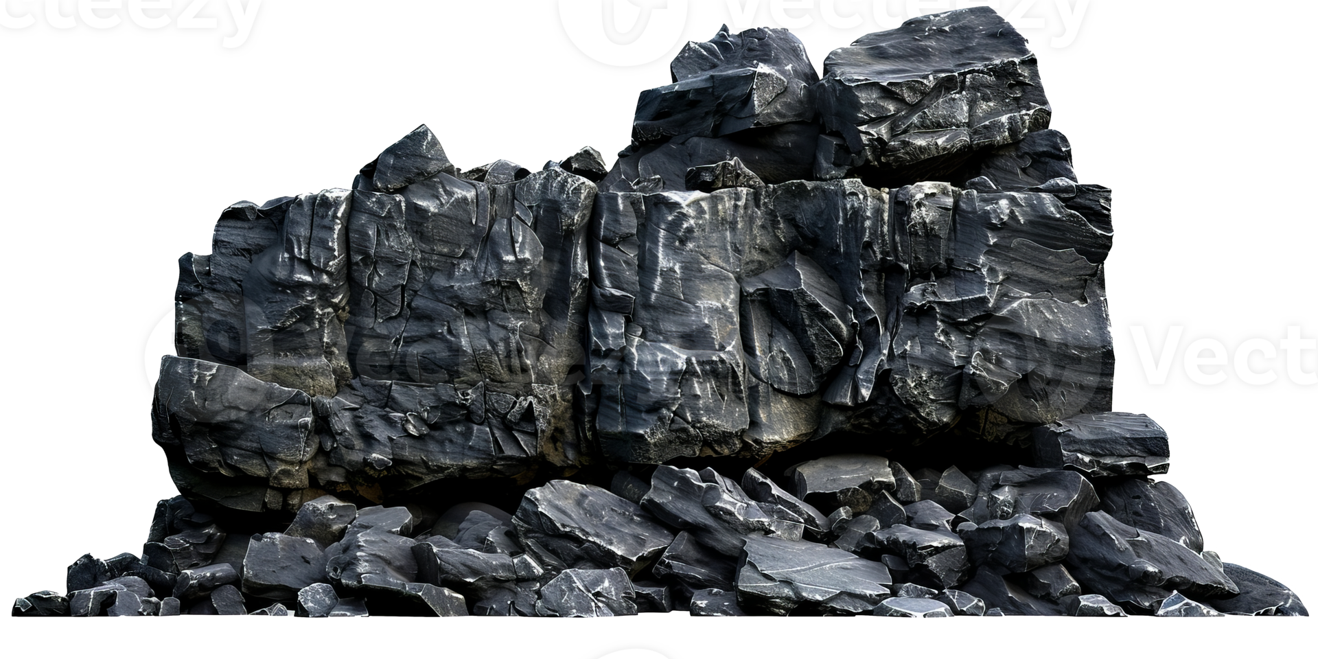 Detailed Close-Up of Large, Dark, Layered Rock Formation with Pebble Beach cut out on transparent background png