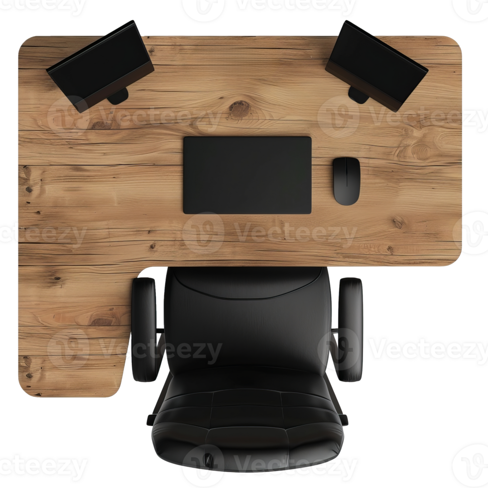 Top View of Modern Wooden Office Desk with Dual Monitors, Keyboard, and Black Office Chair in Minimalist Workspace cut out on transparent background png