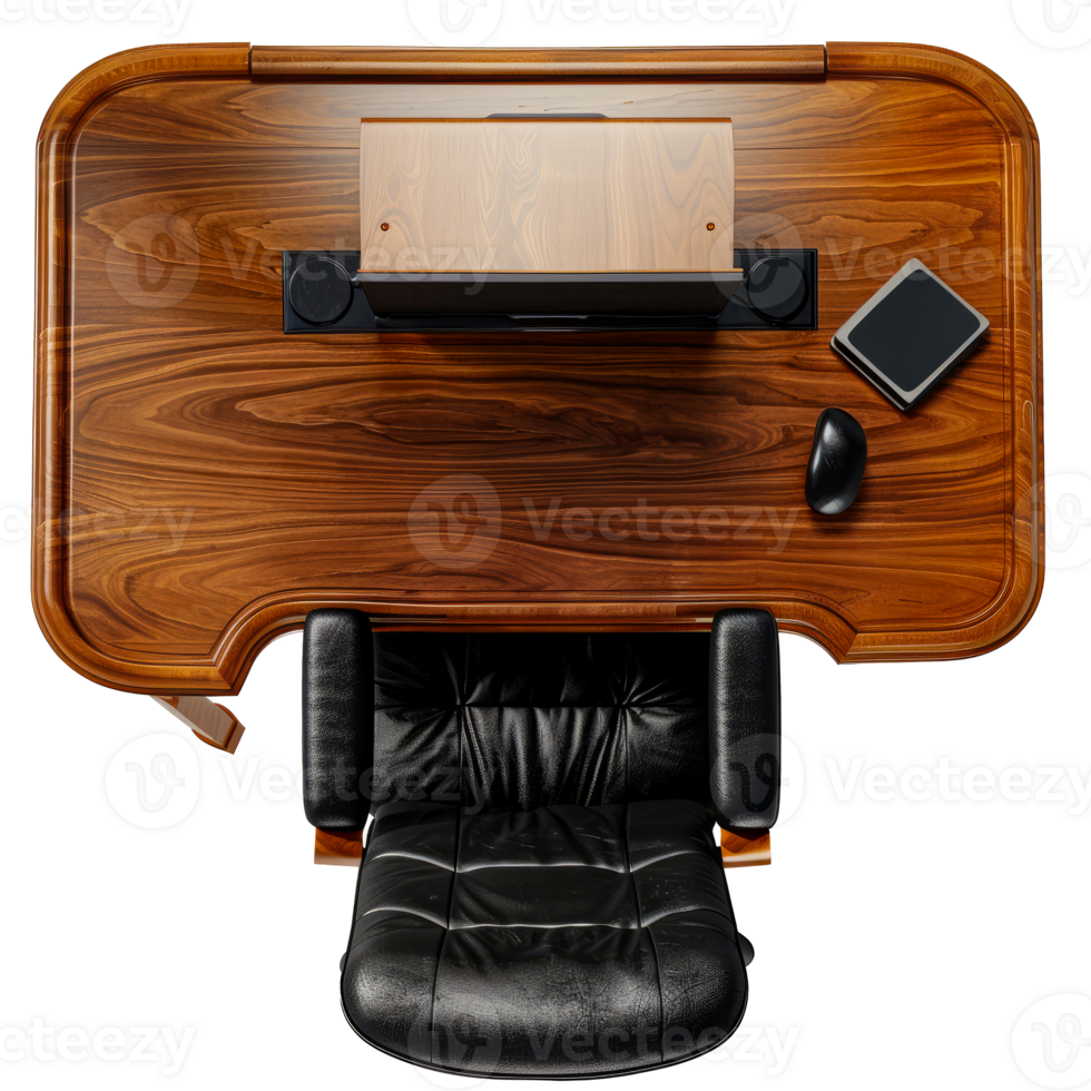Top view of luxurious wooden desk with black leather chair, modern monitor, mouse, and tablet, elegant office setup cut out on transparent background png