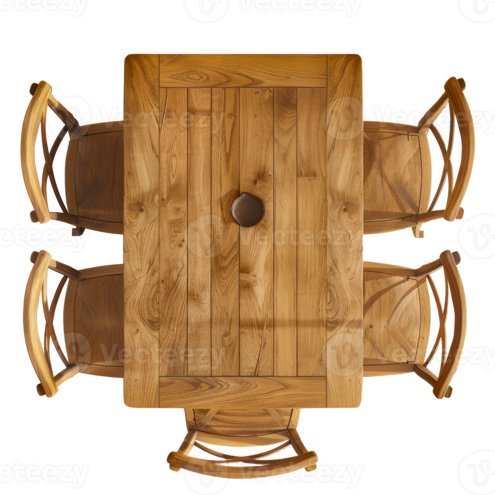 Top View of Rustic Wooden Dining Table Set with Four Chairs and Central Decor Element cut out on transparent background png