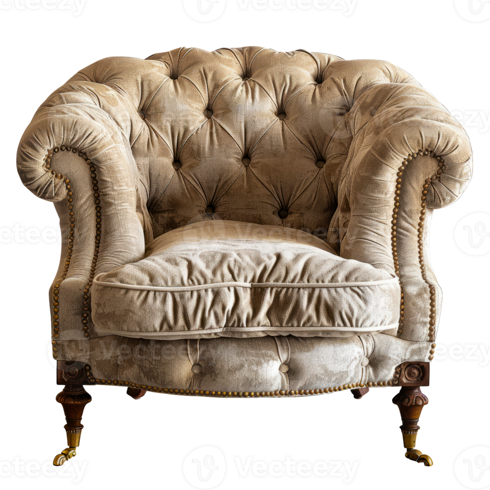 Luxurious Vintage Armchair with Velvet Upholstery and Button Tufting cut out on transparent background png