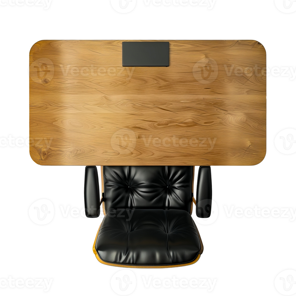 Top view of a stylish wooden desk with a black leather chair and laptop cut out on transparent background png