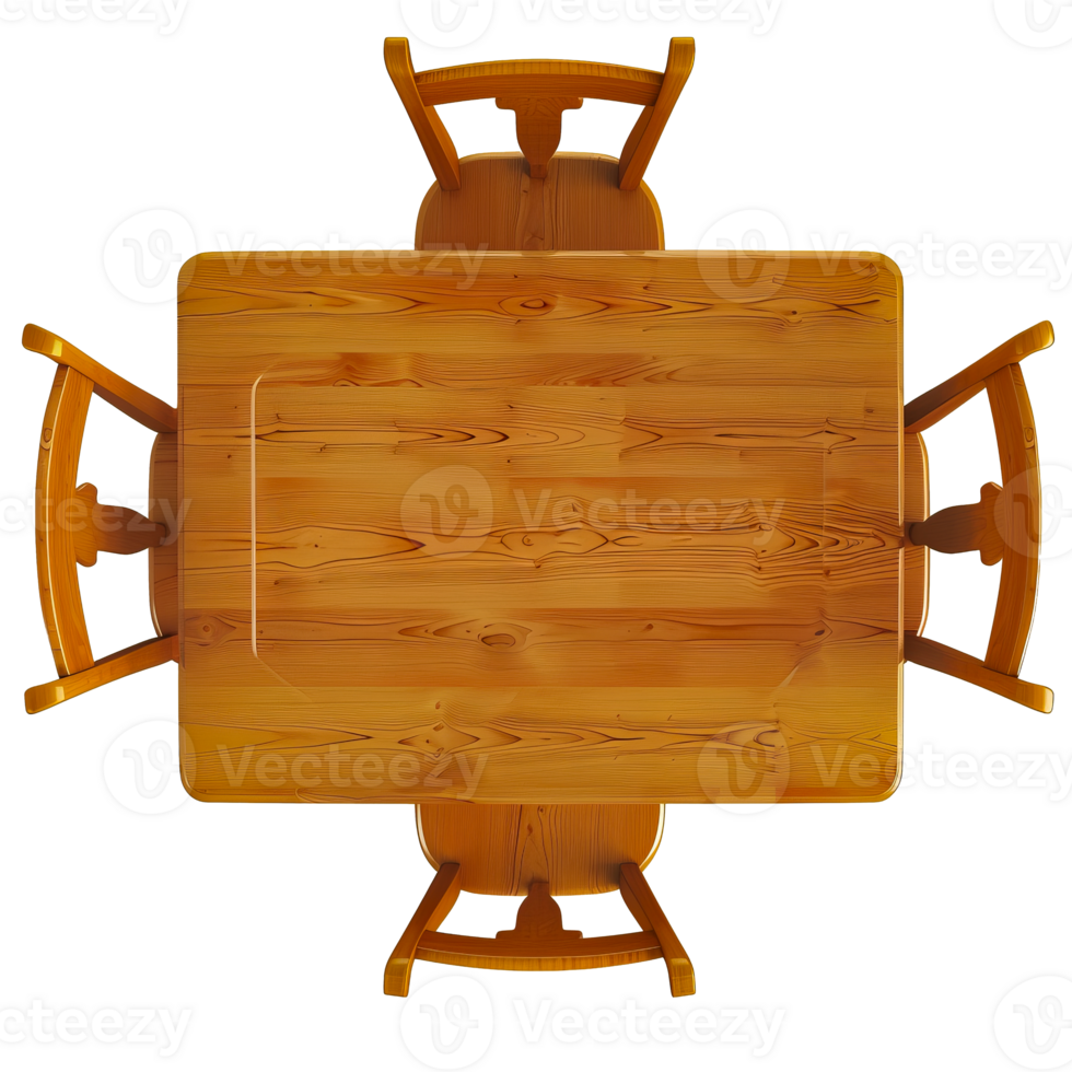 Top view of a wooden dining table with chairs, elegant natural wood grain, perfect for kitchen or dining room design concepts cut out on transparent background png