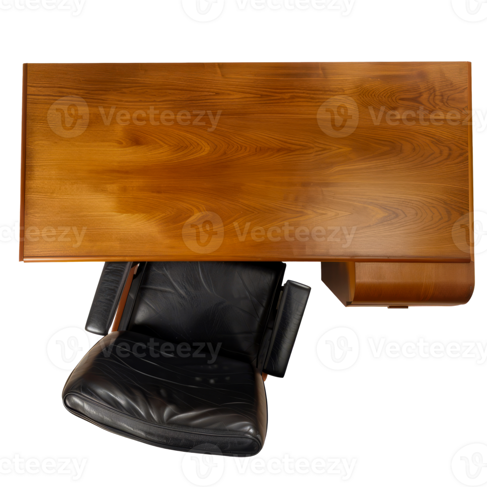 Top View of Executive Wooden Desk with Black Leather Office Chair cut out on transparent background png