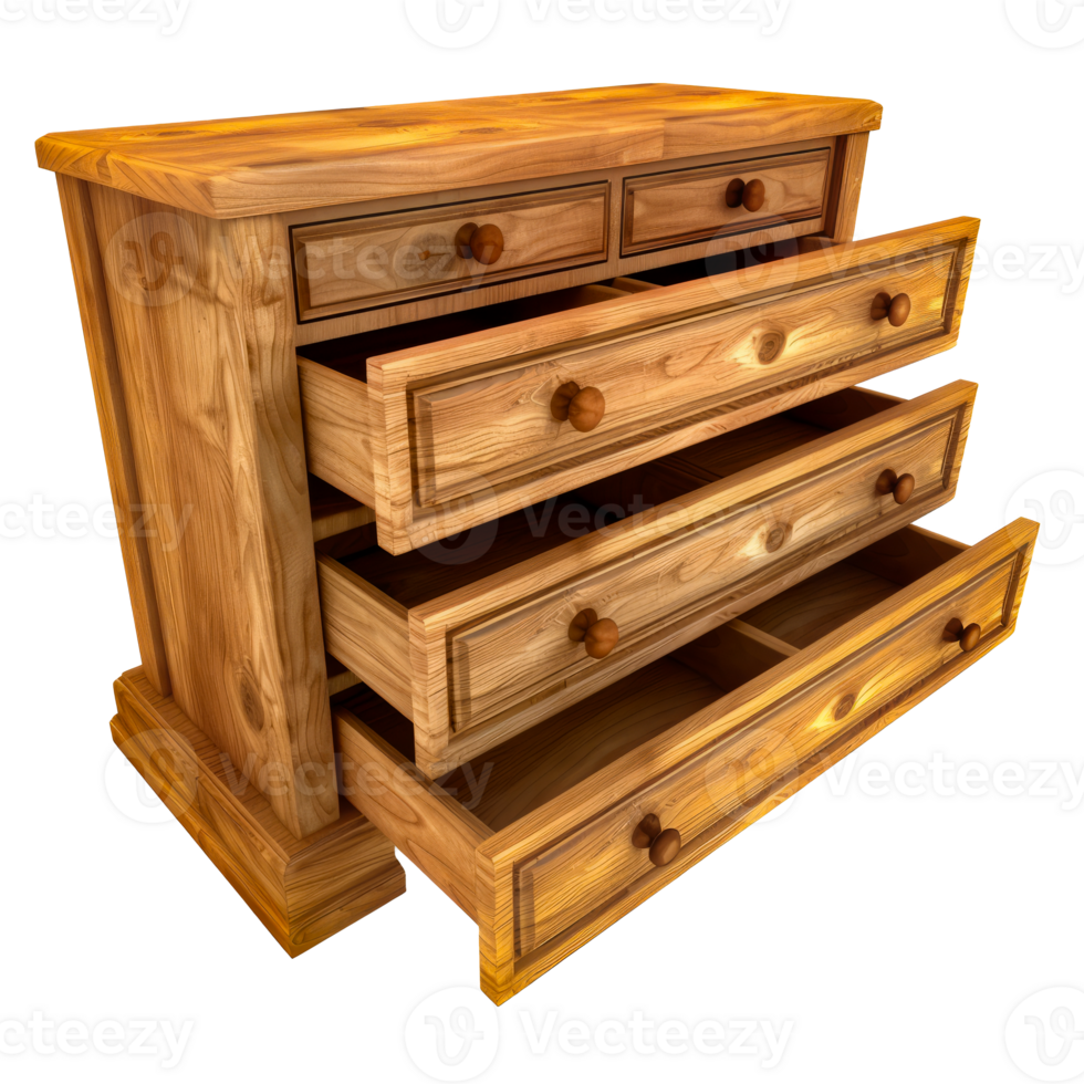 Realistic Wooden Dresser with Open Drawers - Detailed 3D Render of Classic Furniture Piece cut out on transparent background png