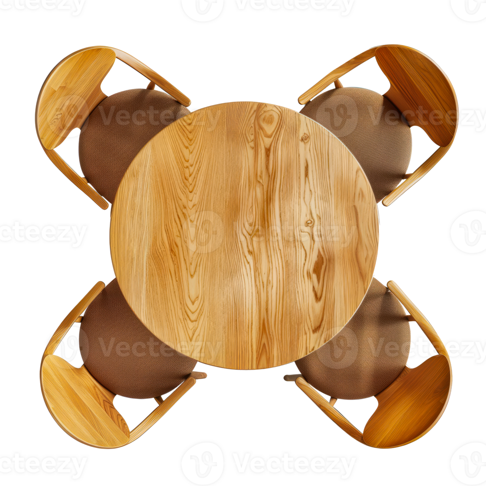 Top view of a round wooden table with four chairs in modern minimalist design, ideal for dining areas, cut out transparent png