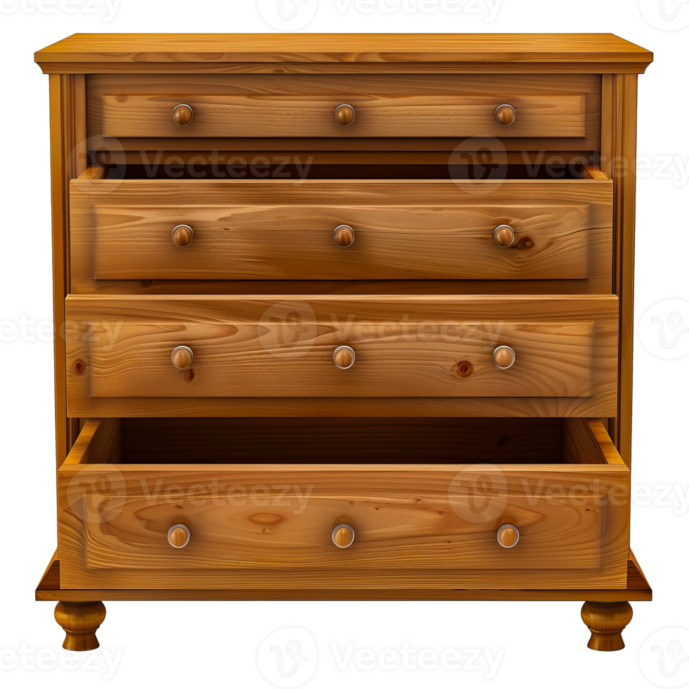 Antique wooden dresser with ornate handles and open drawers, rustic furniture piece cut out on transparent background png