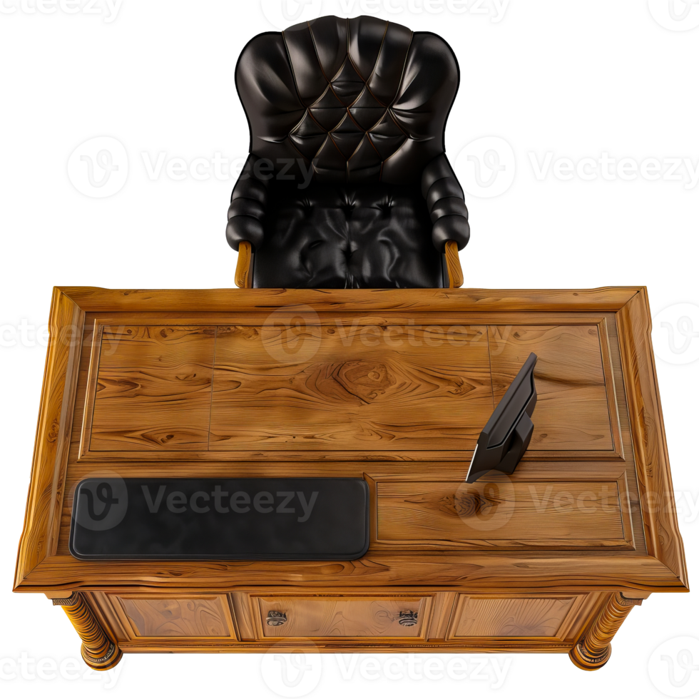 Elegant Executive Desk with Black Leather Chair - Top View of Modern Office Setup cut out on transparent background png