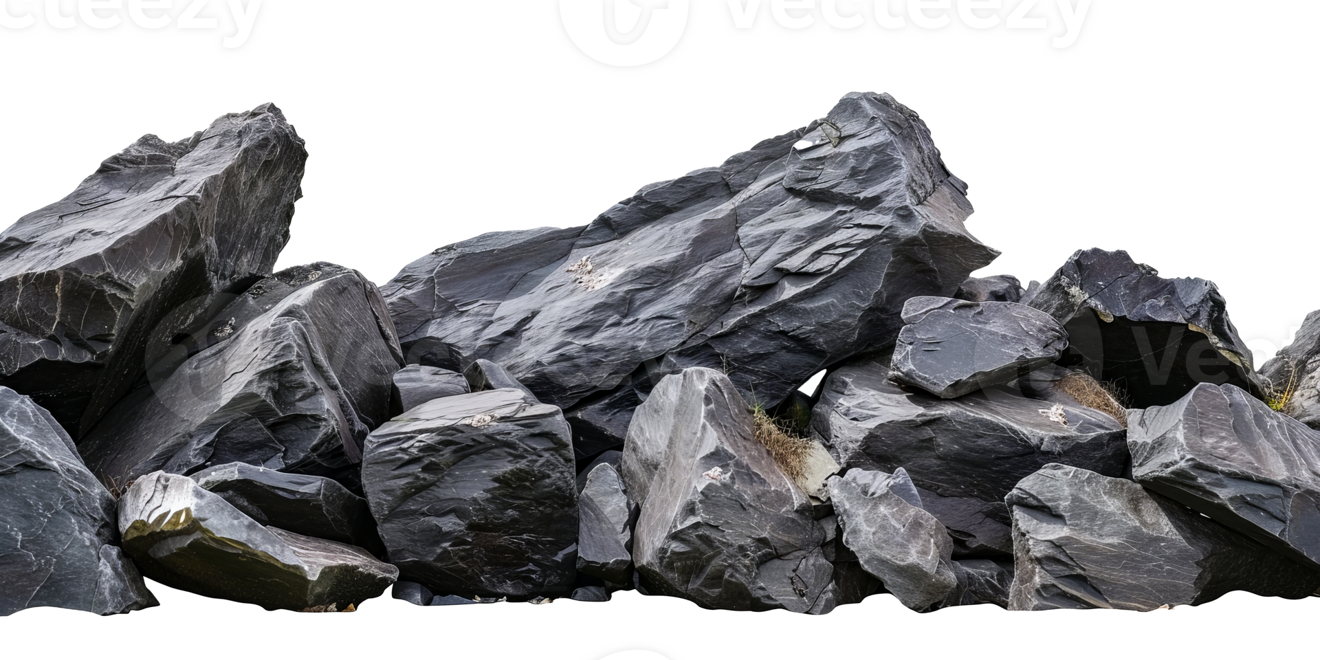 Large pile of natural slate rocks in various shapes and sizes, ideal for landscaping and construction projects cut out on transparent background png