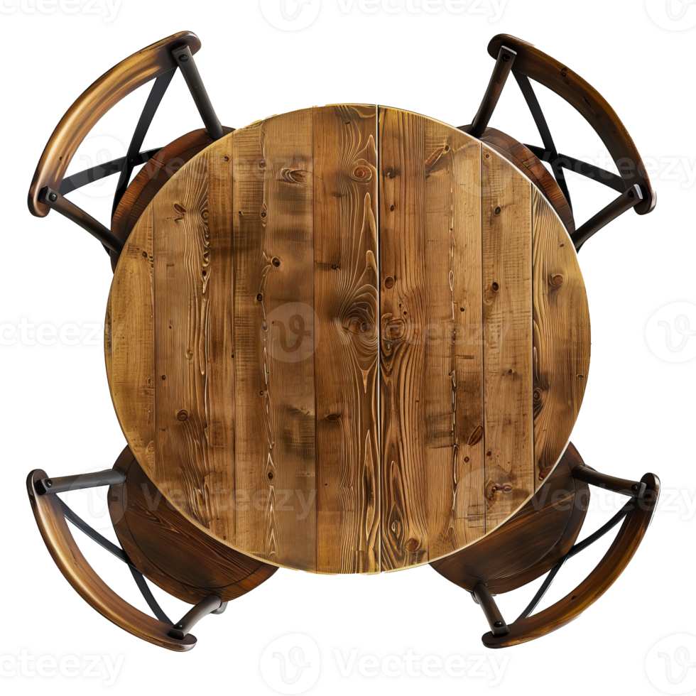 Rustic Round Wooden Table with Four Chairs - Top View, High-Resolution Furniture Image for Interior Design Projects, cut out transparent png