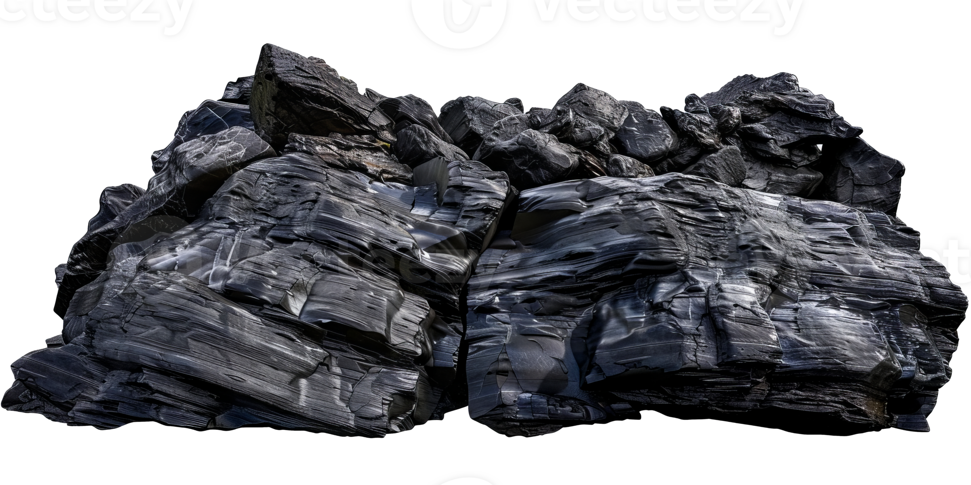 Detailed high-resolution image of a rugged black rock formation with intricate textures and layers, ideal for geological studies and natural cut out on transparent background png
