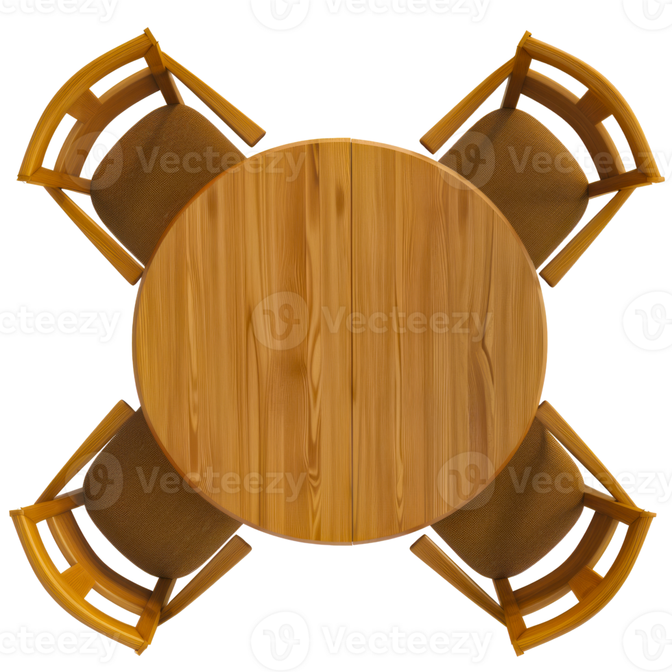 Top view of modern wooden round table with four chairs - elegant furniture design cut out on transparent background png