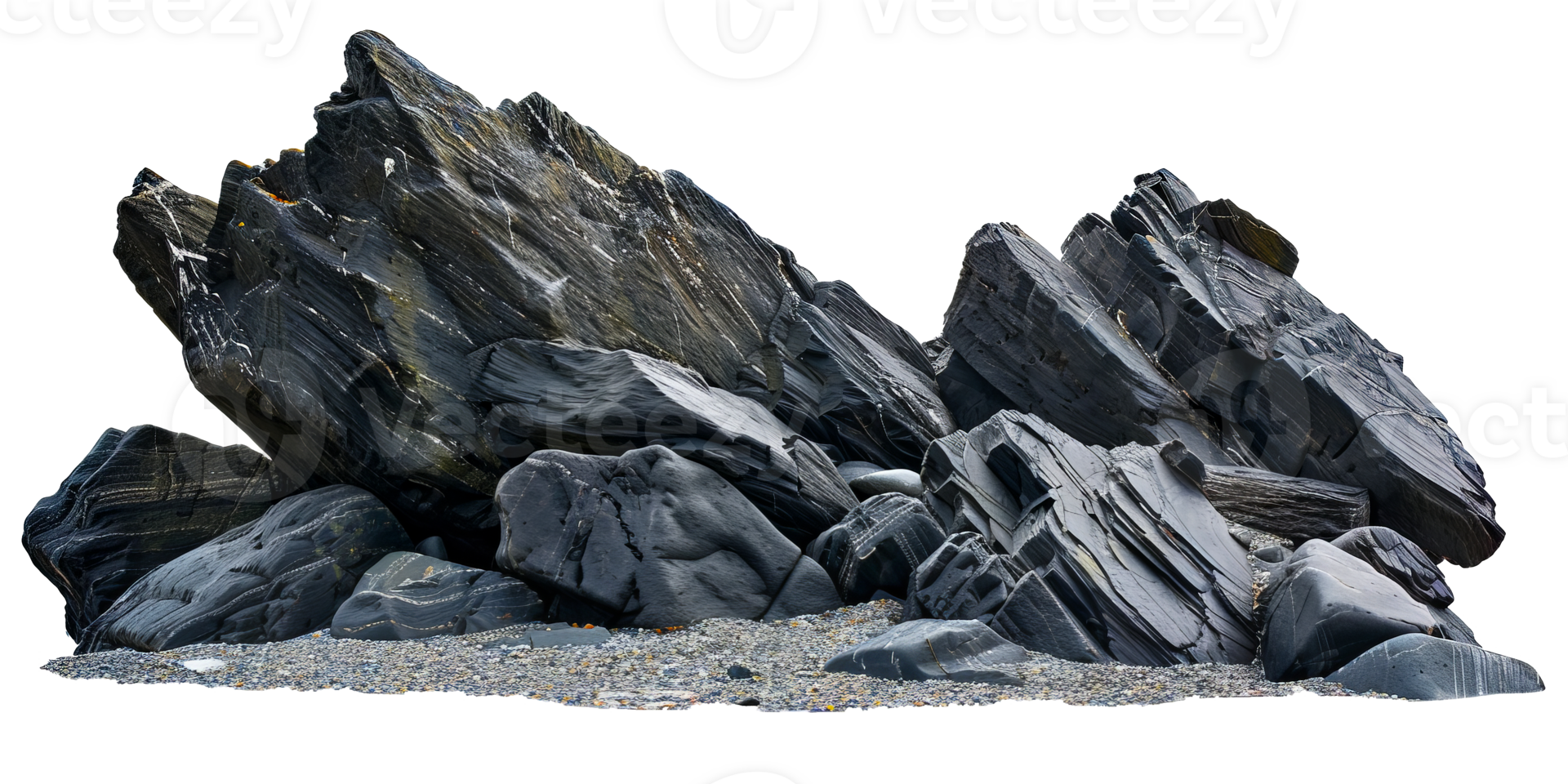 Detailed Close-Up of Large, Dark, Layered Rock Formation with Pebble Beach cut out on transparent background png