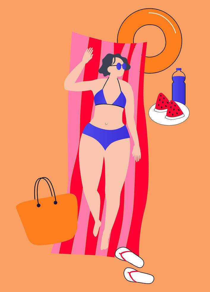 woman in a blue swimsuit sunbathes on the beach on a mat with drinks and fruits. . isolated simple illustration for poster, invitation, banner vector