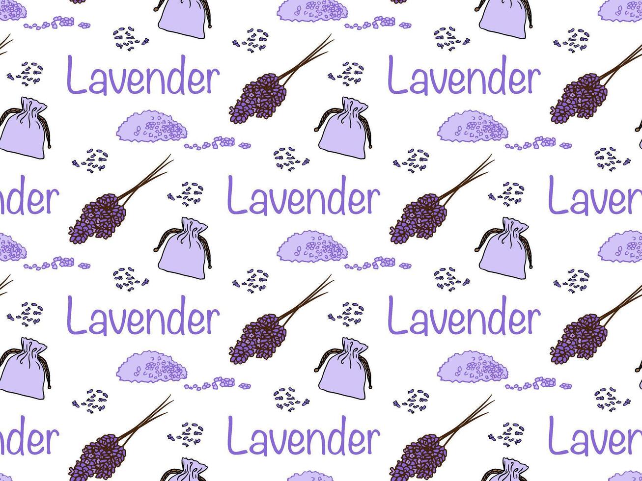 lavender sachets, branches, dried flowers, salt seamless pattern bright texture, background for wrapping paper, textile print, food, packaging. vector
