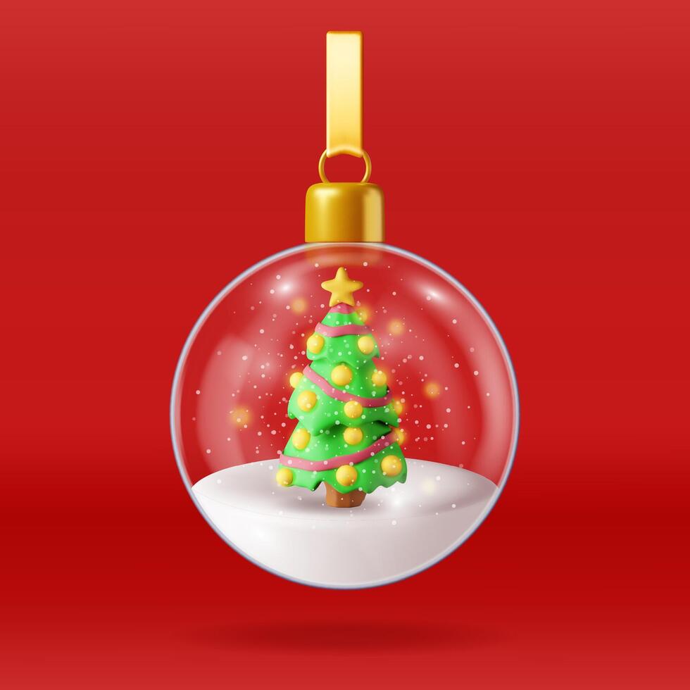 3D glass christmas snow ball with tree isolated. Render sphere with fir tree. Happy new year decoration. Merry christmas holiday. New year xmas celebration. vector