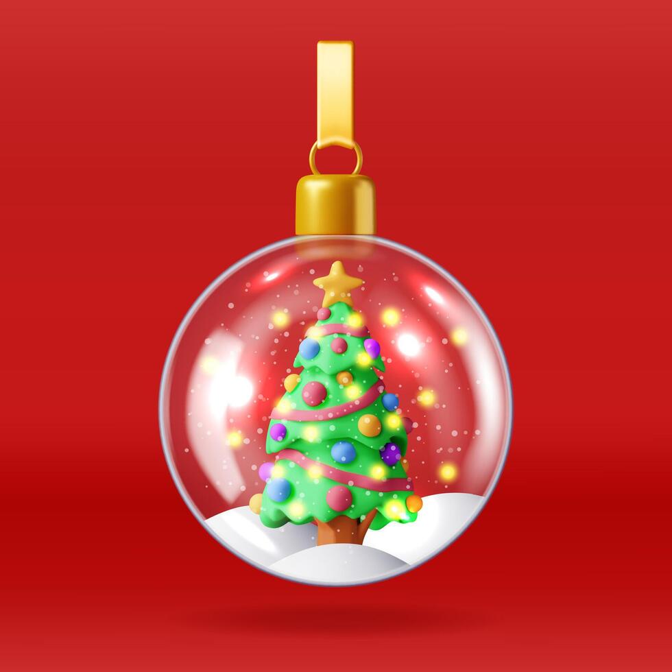 3D glass christmas snow ball with tree isolated. Render sphere with fir tree. Happy new year decoration. Merry christmas holiday. New year xmas celebration. vector