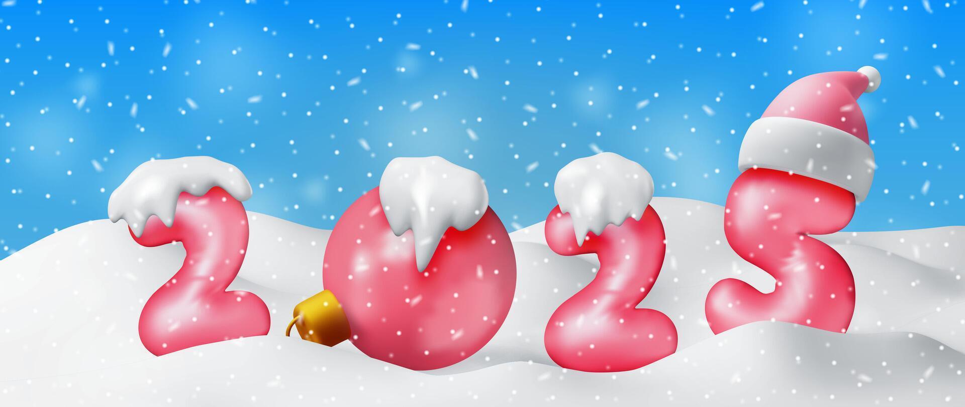 3d red balloon 2025 new year symbol in snow landscape. Render red 2025 number holiday party decoration. Metallic balloon shiny font. New year and xmas celebration. vector