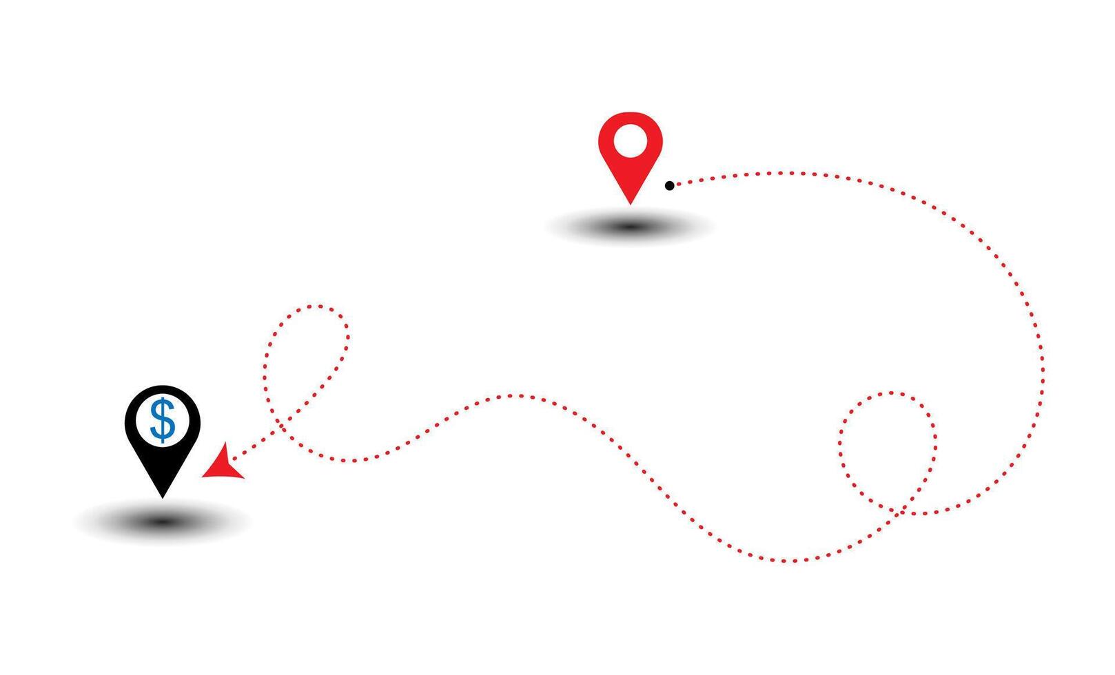 Geolocation with dollar currency symbols dashed line arrow route path location pin with winding . vector