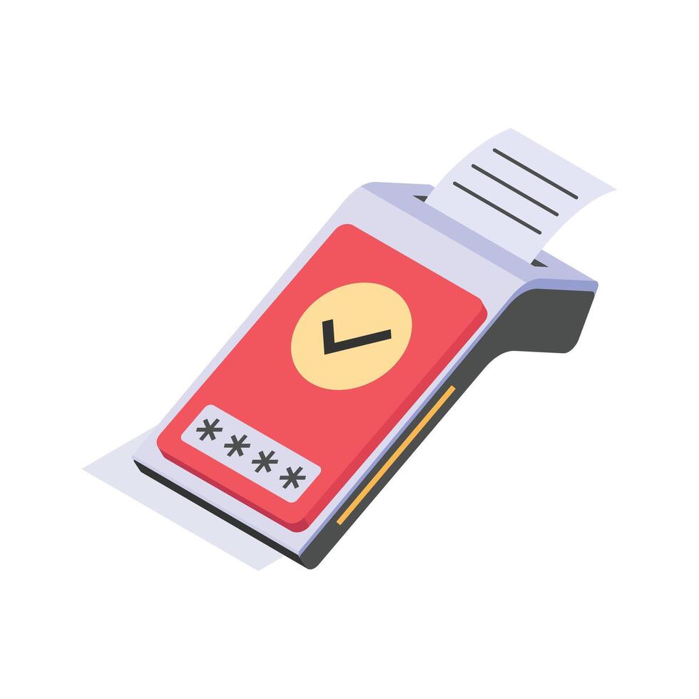 Isometric icon of a POS terminal printing a receipt, indicating successful transaction vector