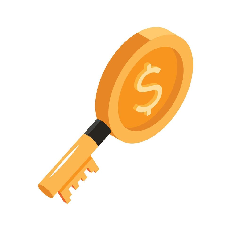 A golden key with a dollar sign, symbolizing financial success and opportunity isometric icon vector