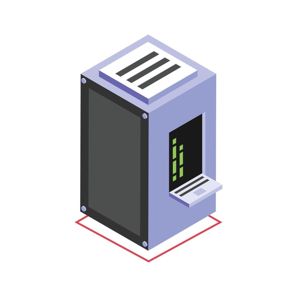 Isometric icon of a server rack with colorful indicators, used for data storage vector