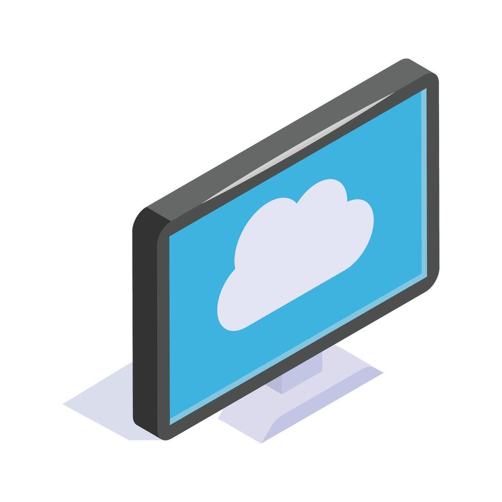 Monitor displaying a cloud, denoting cloud computing and online services isometric icon vector