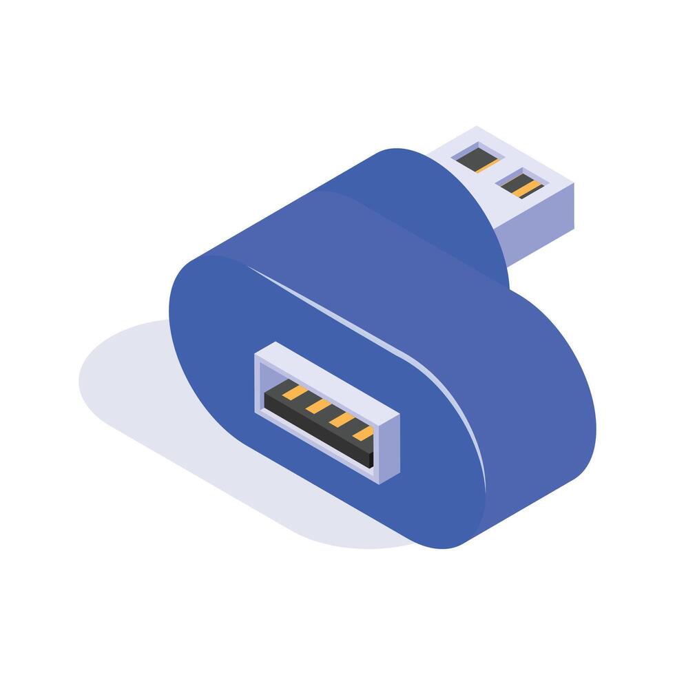 Isometric USB connector icon, representing data transfer, connectivity, and peripheral connections vector