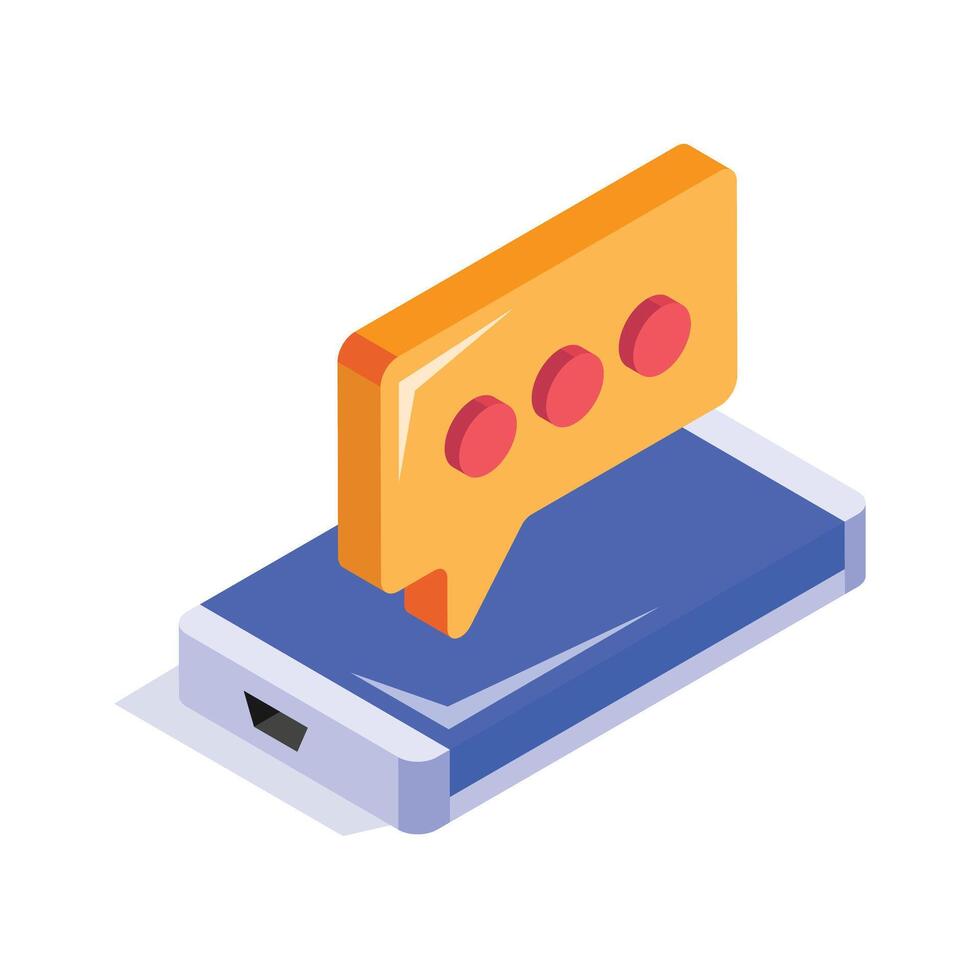 An isometric illustration of a smartphone with a chat bubble for messaging apps. vector