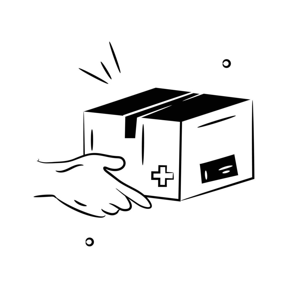 A hand delivering a medical supply box depicting the concept icon of medicine delivery. vector