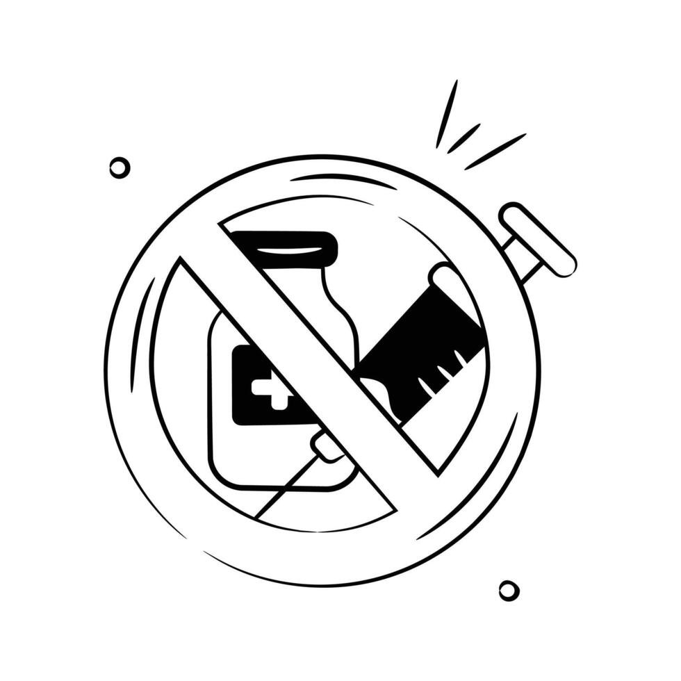 An icon depicting a ban on injections, symbolizing prohibition or restriction of syringe use. vector