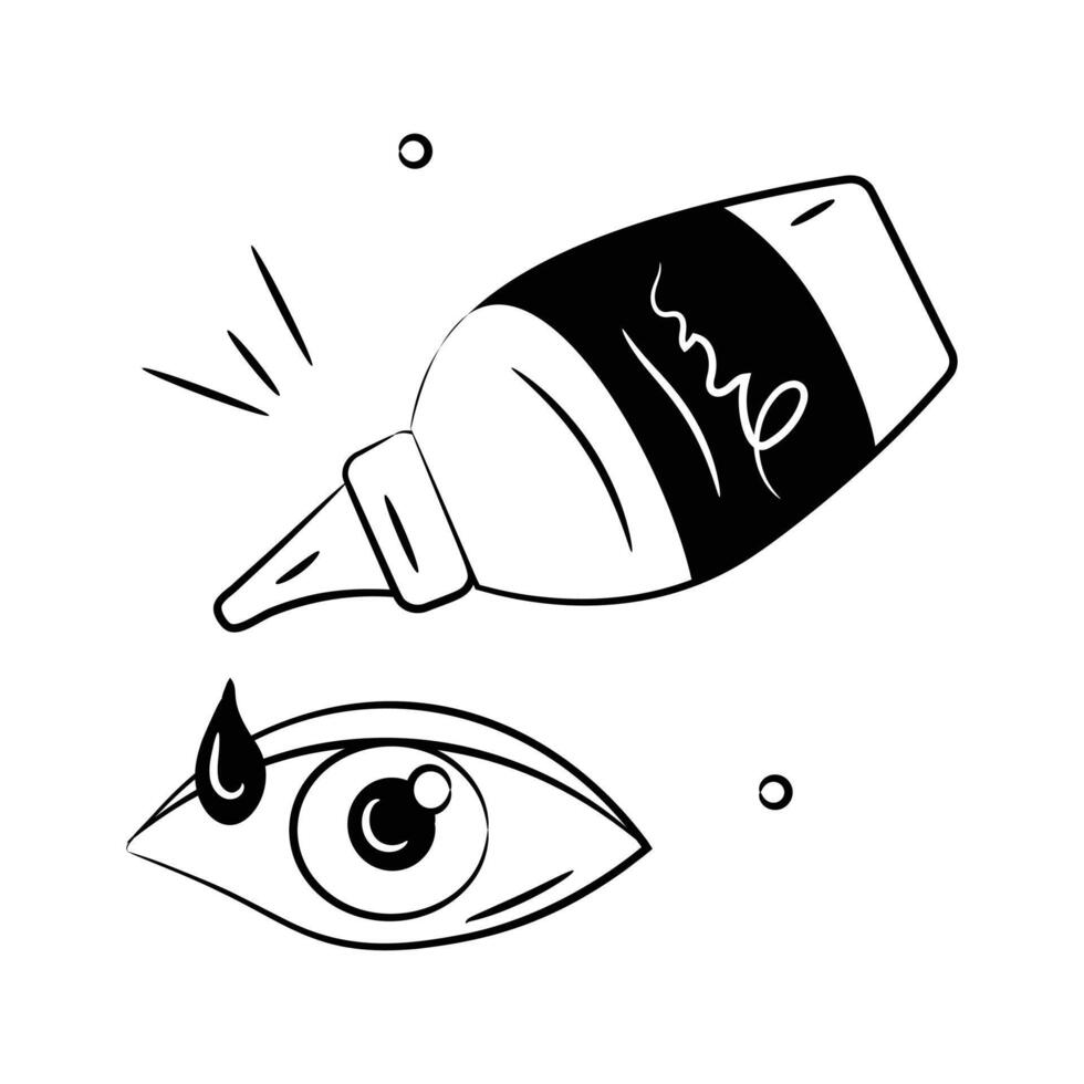 Icon illustrating an eye drop bottle dispensing drops into an eye. vector