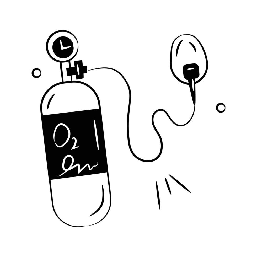 an oxygen tank connected to a breathing mask, doodle icon of oxygen cylinder. vector