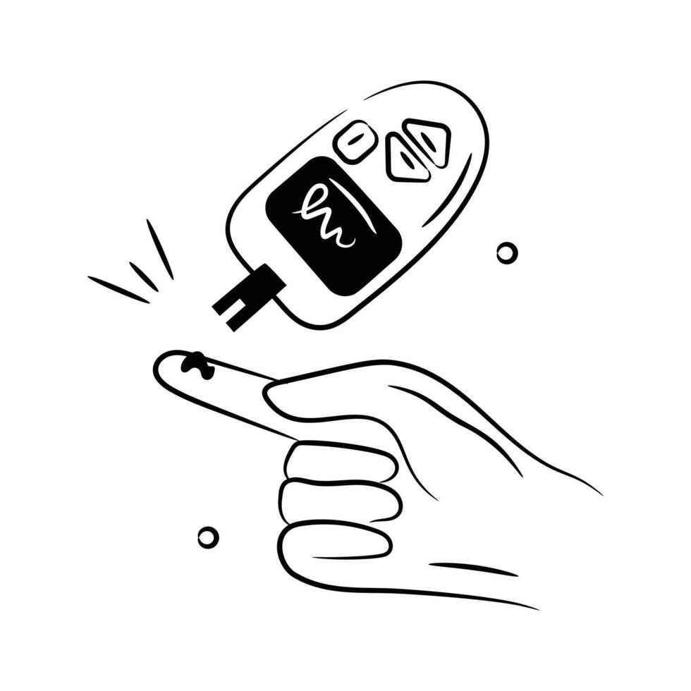 Glucometer with a finger prick, depicting the concept icon of a blood sugar test. vector