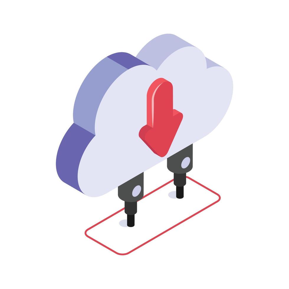 Cloud with down arrow, cloud downloading isometric icon, cloud transfer vector