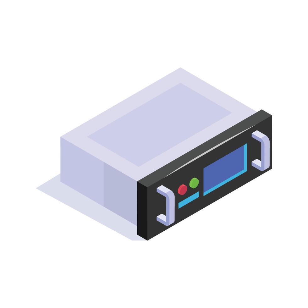 Isometric icon of a network server rack with control panel and handles vector