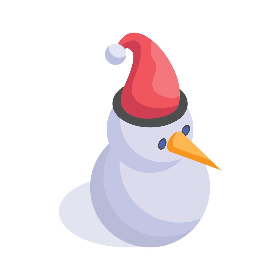Cute snowman wearing a Santa hat, a fun winter craft, isometric icon vector
