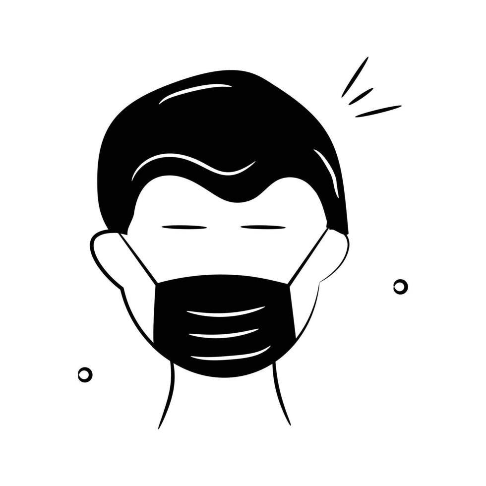 A person wearing face mask, hand drawn doodle icon of face mask vector