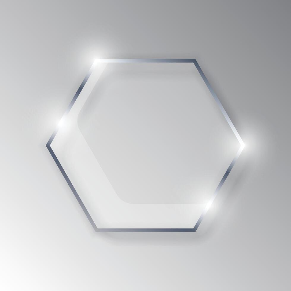 Glass hexagon frame icon in flat style. Mirror panel illustration on isolated background. Border plate sign business concept. vector