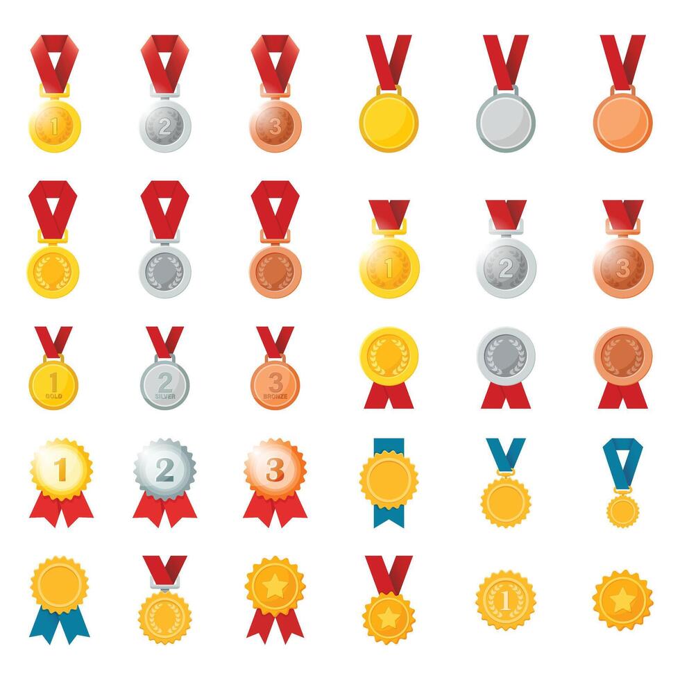 Gold, silver, bronze medals icons set in flat style. Trophy award illustration on isolated background. Winner sign business concept. vector